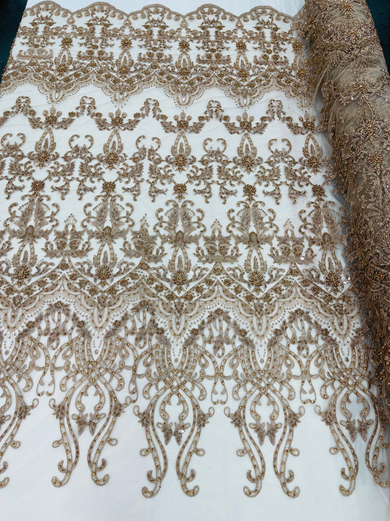 Taupe/Skin Damask Design Beaded Fabric, Embroidered with Beads Wedding Bridal Sold By Yard
