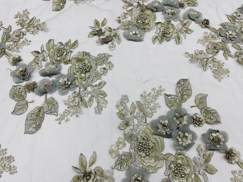 Silver 3D Floral Design Embroider and Beaded With Pearls On a Mesh Lace-Prom-Dresses By The Yard