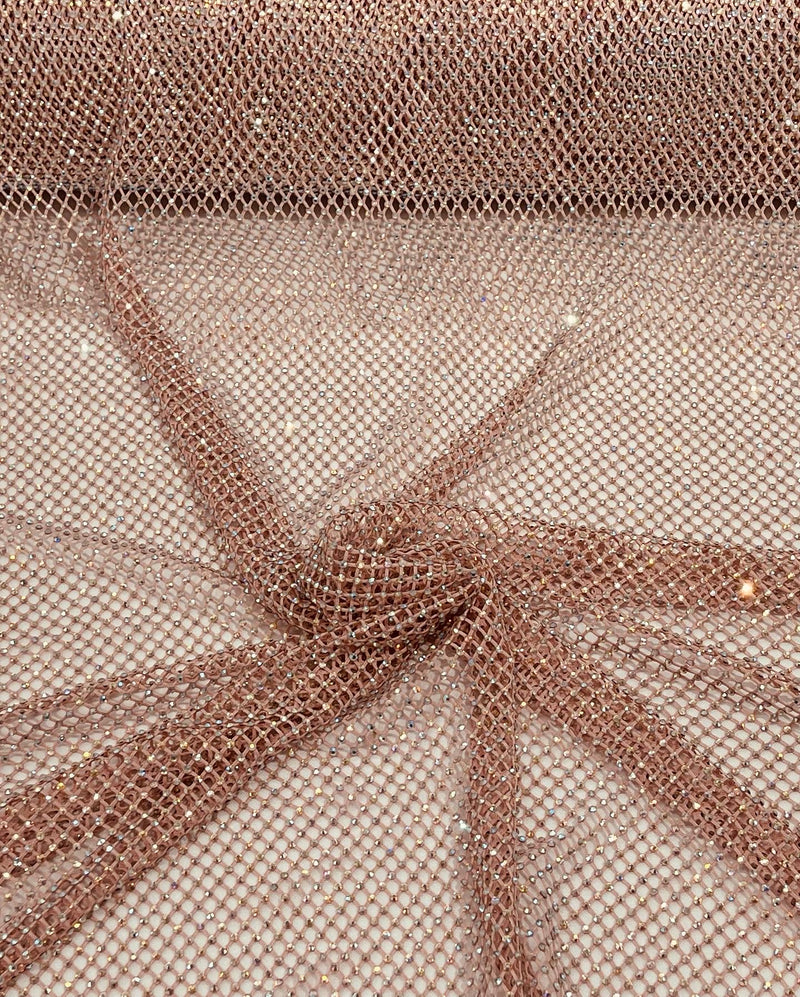 Fishnet Iridescent Rhinestones Fabric - Blush - Spandex Fabric Fish Net with Crystal Stones by Yard
