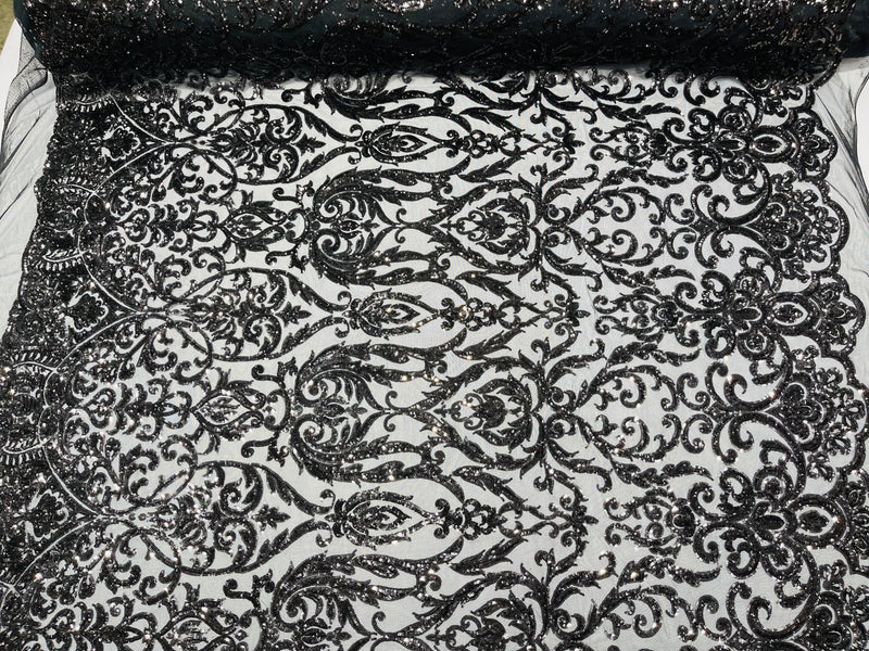 Black Sequin Fabric On a Mesh 4 Way Stretch, Sequins Fabric Damask Design By The Yard