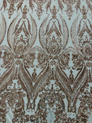 Champagne Sequins Fabric on Mesh, Damask Design 4 Way Stretch Sequin Fabric Sold By The Yard