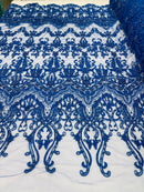 Royal Blue Damask Design Beaded Fabric, Embroidered with Beads Wedding Bridal Sold By Yard