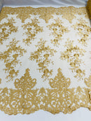 Gold Bridal Lace - By The Yard - Floral Damask Design Embroidered on Mesh Lace Fabric