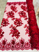 Burgundy 3D Floral Design Embroider and Beaded With Pearls On a Mesh Lace-Prom-Dresses By The Yard