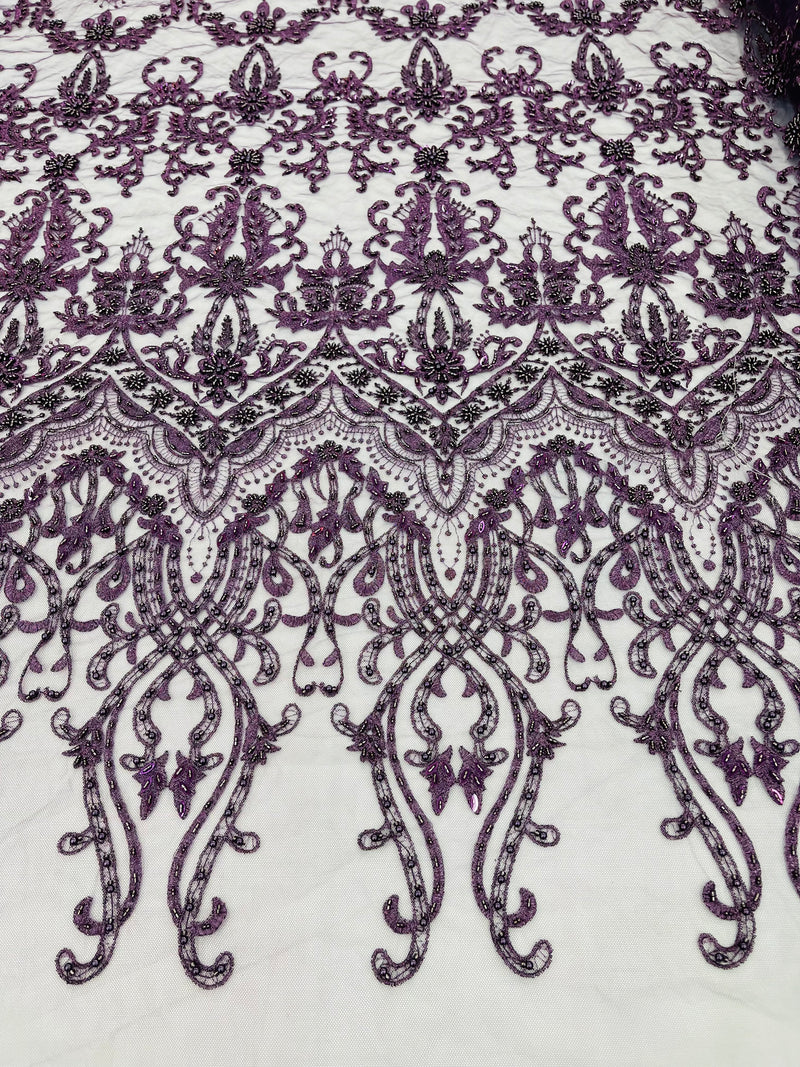 Plum Damask Design Beaded Fabric, Embroidered with Beads Wedding Bridal Sold By Yard