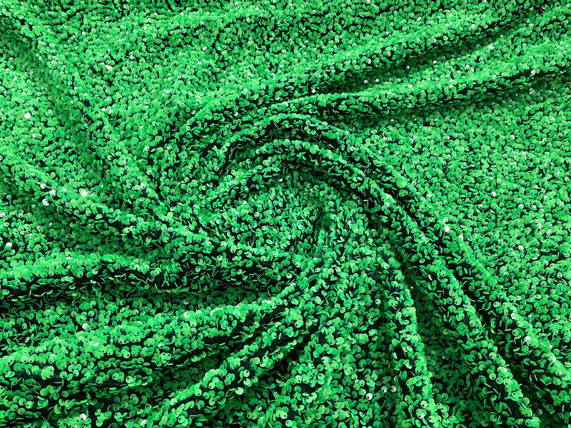 Dark Green Sequins Fabric on Black Stretch Velvet - By The Yard - all Over 5mm Sequins 58”/60