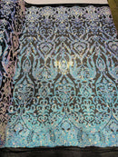 Iridescent Sequins Fabric On a Mesh 4 Way Stretch, Sequins Fabric Damask Design By The Yard