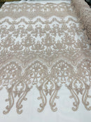 Blush Damask Design Beaded Fabric, Embroidered with Beads Wedding Bridal Sold By Yard