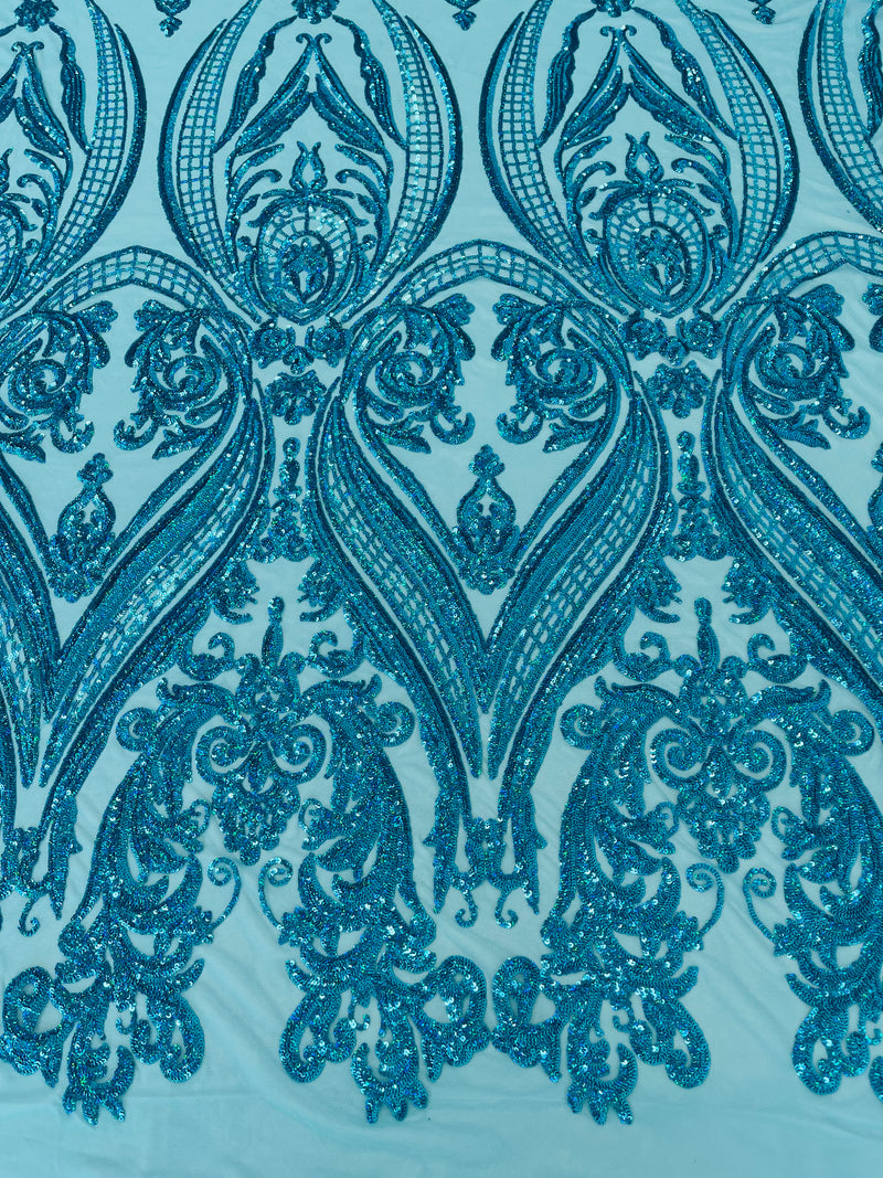 Turquoise Sequins Fabric on Mesh, Damask Design 4Way Stretch Sequin By The Yard