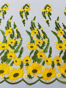 Yellow/Green Lace Fabric - By The Yard - Floral Design Embroidered on Mesh Lace Fabric