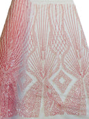 Zig Zag Lines Diamond Shape Fabric - Pink - Embroidered Glamorous Design on Mesh Sold By The Yard