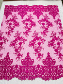 Magenta Floral Bridal Lace - By The Yard - Damask Design Embroidered on Mesh Lace Fabric