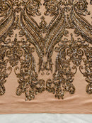 Coffee Sequins Fabric on Mesh, Damask Design 4 Way Stretch Sequin Fabric Sold By The Yard