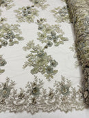 Silver 3D Floral Design Embroider and Beaded With Pearls On a Mesh Lace-Prom-Dresses By The Yard