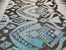 Aqua/Blue Iridescent Sequin Fabric, by the yard - Black Mesh 4 Way Stretch Aztec Design