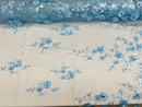 Baby Blue 3D Floral Design Embroider and Beaded With Pearls On a Mesh Lace Fabric By The Yard
