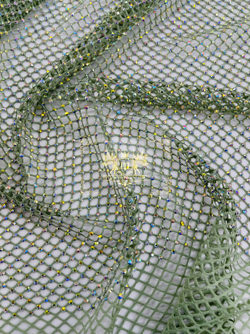 Fishnet Iridescent Rhinestones Fabric - Sage - Spandex Fabric Fish Net with Crystal Stones by Yard