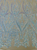 Aqua Iridescent Sequins Fabric on Lt Nude Mesh, Damask Design 4Way Stretch Sequin By The Yard