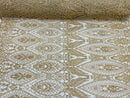 Beaded Fabric, Gold Damask Design Embroidered with Beads Wedding Bridal Sold By Yard