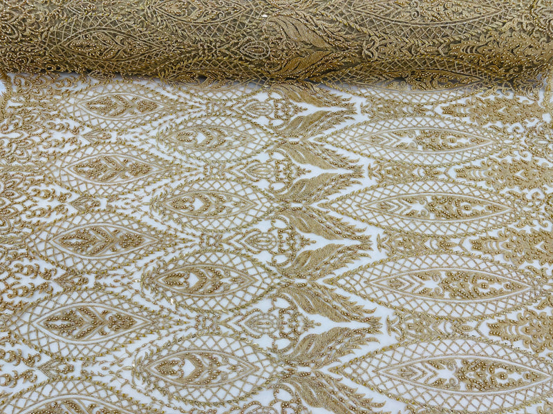 Beaded Fabric, Gold Damask Design Embroidered with Beads Wedding Bridal Sold By Yard