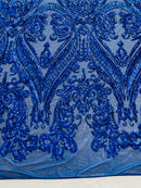 Royal Blue Sequins Fabric on Mesh, Damask Design 4 Way Stretch Sequin Fabric Sold By The Yard