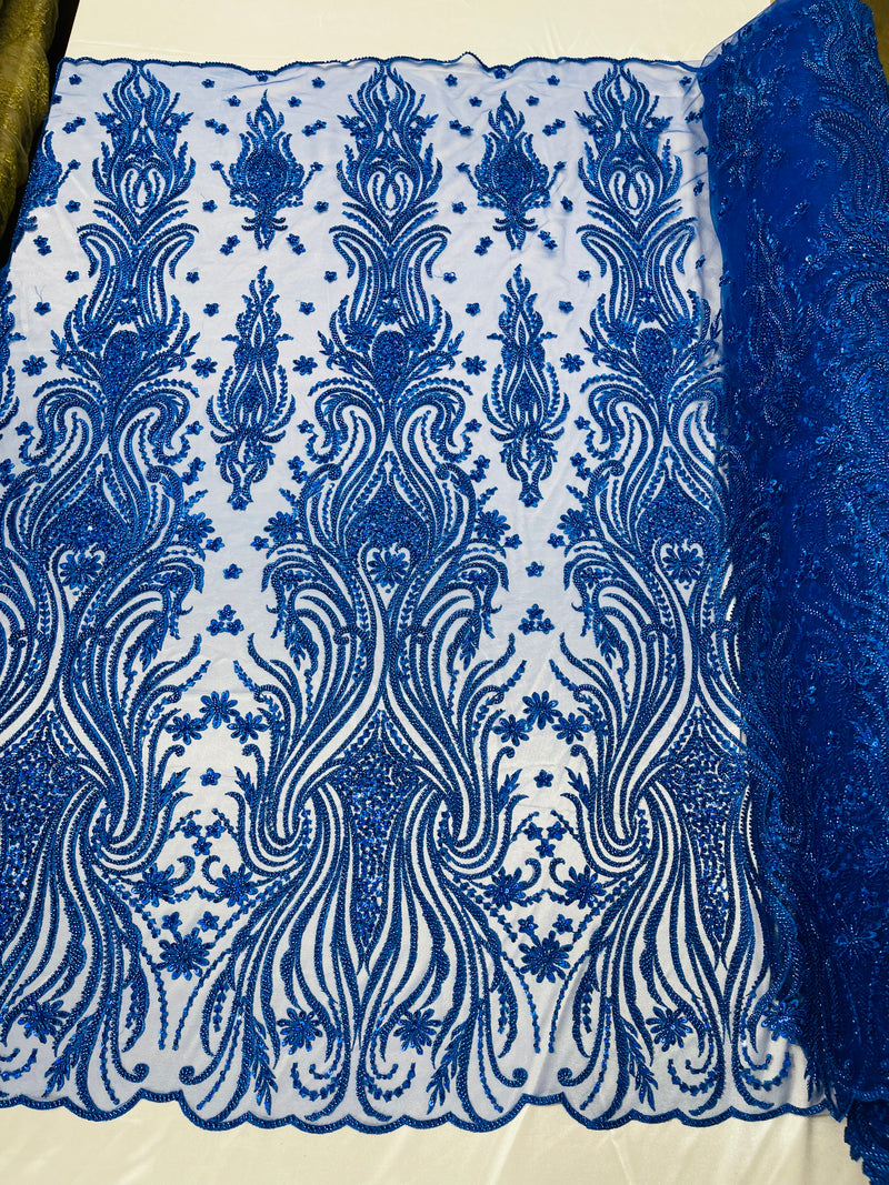 Luxury Beaded Design - Royal Blue - Sold By Yard Floral Fabric Embroidered w/ Pearls-Beads on Mesh Lace