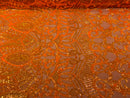 Orange Iridescent Sequin Fabric On a Mesh 4 Way Stretch, Sequins Fabric Royalty Design By The Yard
