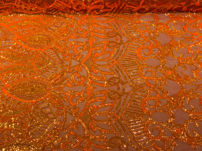 Orange Iridescent Sequin Fabric On a Mesh 4 Way Stretch, Sequins Fabric Royalty Design By The Yard