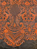 Orange Sequin Fabric on Black Mesh By The Yard Damask Design 4 Way Stretch Lace Sequin