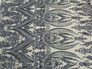 Navy Blue Sequins Fabric on Mesh, Damask Design 4 Way Stretch Sequin Fabric Sold By The Yard