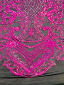 Hot Pink Sequin Fabric on Black Mesh By The Yard Damask Design 4 Way Stretch Lace Sequin