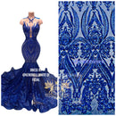 Royal Blue Sequins Fabric on Mesh, Damask Design 4 Way Stretch Sequin Fabric Sold By The Yard