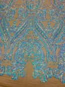 Aqua Iridescent Sequins Fabric Damask Design 4 Way Stretch Sequin Fabric Sold By The Yard
