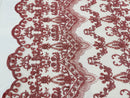 Dusty Rose Damask Design Beaded Fabric, Embroidered with Beads Wedding Bridal Sold By Yard
