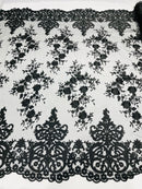 Black Bridal Lace - By The Yard - Floral Damask Design Embroidered on Mesh Lace Fabric