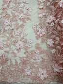 New Pink 3D Floral Design Embroider and Beaded With Pearls On a Mesh Lace-Prom-Dresses-Nightgown-Apparel-Fashion By The Yard