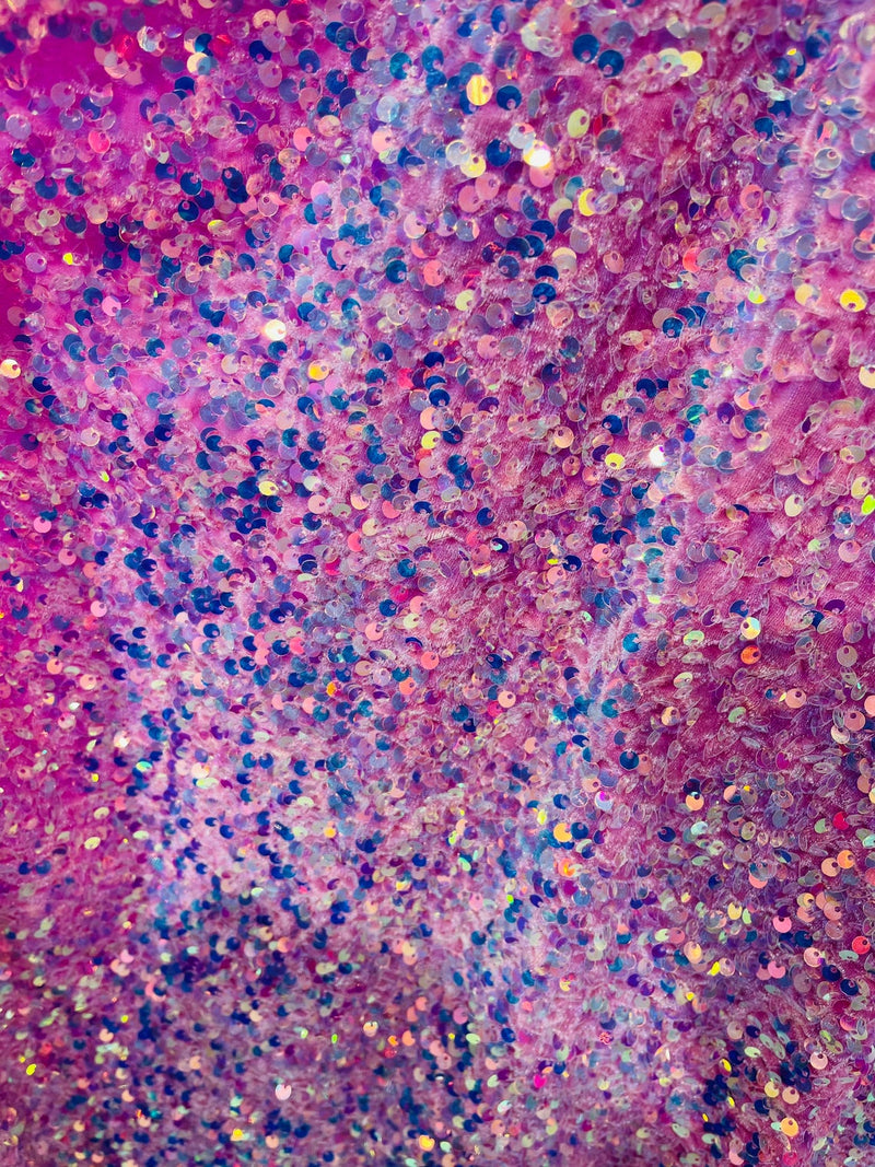 Iridescent Clear Pink Sequins on Pink Stretch Velvet 2-way Stretch 58/60”By The Yard