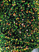 Iridescent Neon Green Sequins on Black Stretch Velvet 2-way Stretch 58/60”By The Yard