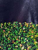 Iridescent Neon Green Sequins on Black Stretch Velvet 2-way Stretch 58/60”By The Yard