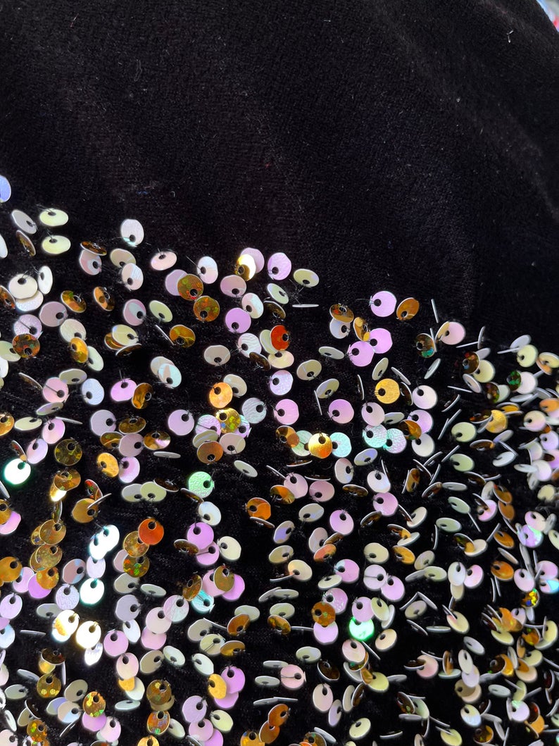 Iridescent Pink/Gold Sequins on Black Stretch Velvet 2-way Stretch 58/60”By The Yard