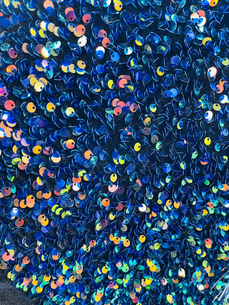 Iridescent Rainbow Sequins on Black Stretch Velvet 2-way Stretch 58/60”By The Yard