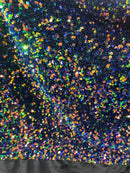 Iridescent Rainbow Sequins on Black Stretch Velvet 2-way Stretch 58/60”By The Yard