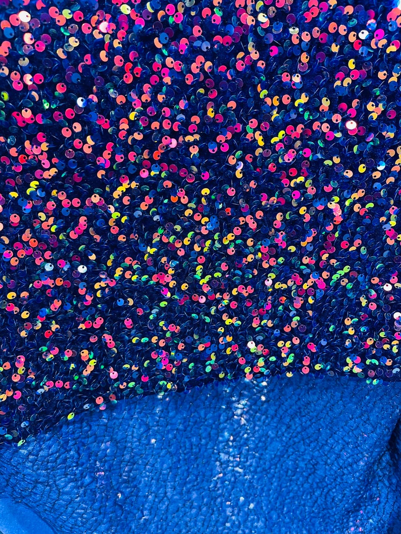 Iridescent Rainbow Sequins on Royal Blue Stretch Velvet 2-way Stretch 58/60”By The Yard