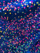 Iridescent Rainbow Sequins on Royal Blue Stretch Velvet 2-way Stretch 58/60”By The Yard