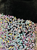 Iridescent aqua Sequins on Black Stretch Velvet 2-way Stretch 58/60”By The Yard