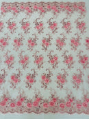 Floral Fabric - Light Pink - Sold By Yard Embroidered Roses With Sequins on a Mesh Lace Fabric