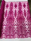 Luxury Beaded Design - Magenta - Sold By Yard Floral Fabric Embroidered w/ Pearls-Beads on Mesh Lace