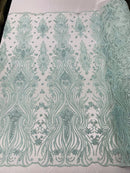 Luxury Beaded Design - Mint - Sold By Yard Floral Fabric Embroidered w/ Pearls-Beads on Mesh Lace