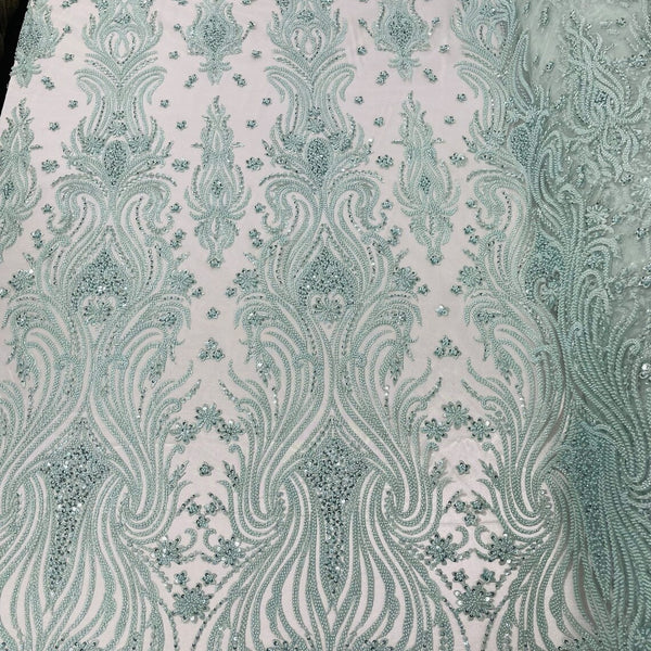 Mint Floral high quality Design - by the yard - Beaded Fabric, Embroidered With Pearls and Beads on Mesh Lace Fabric