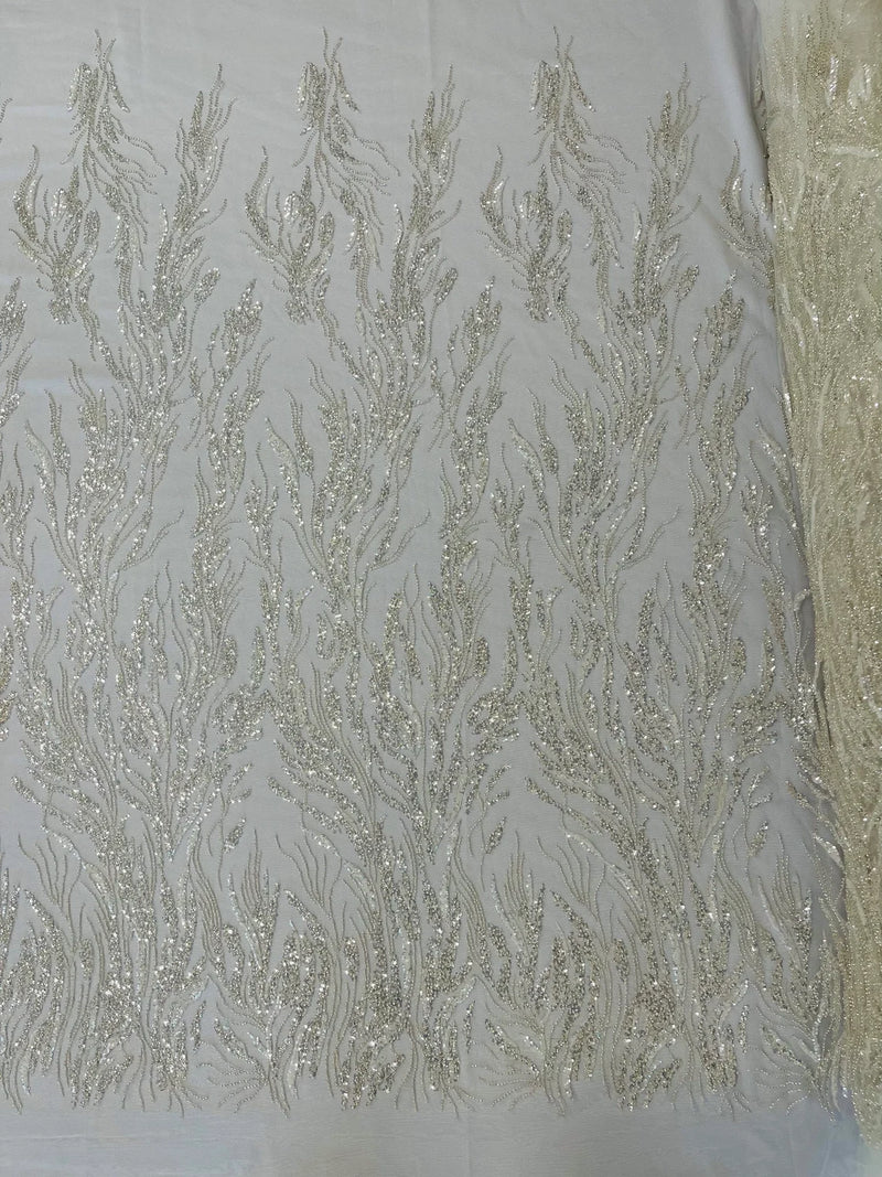 Beaded Wavy Plant Lines Fabric - Off-White - Embroidered Wedding Bridal Fabric Sold By The Yard